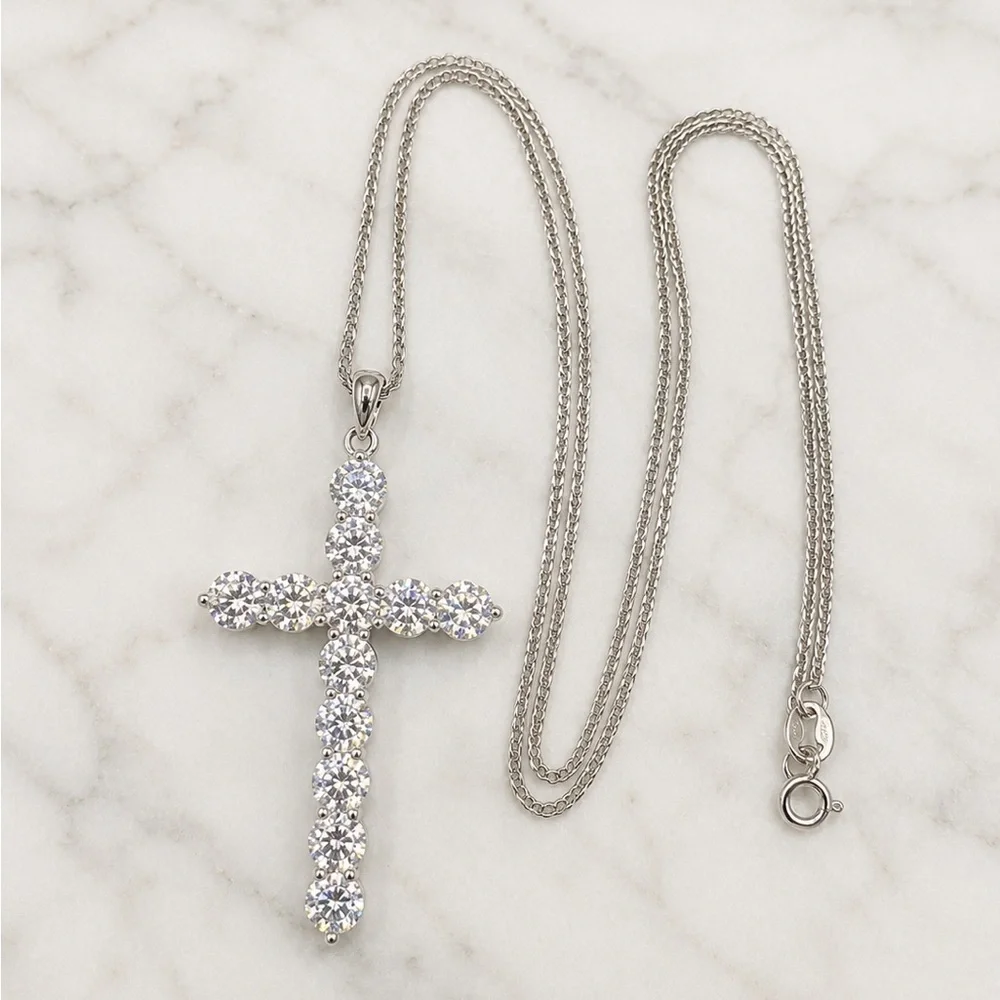 925 Sterling Silver 6.00CT MOISSANITE Cross Pendant Necklace Size 18”